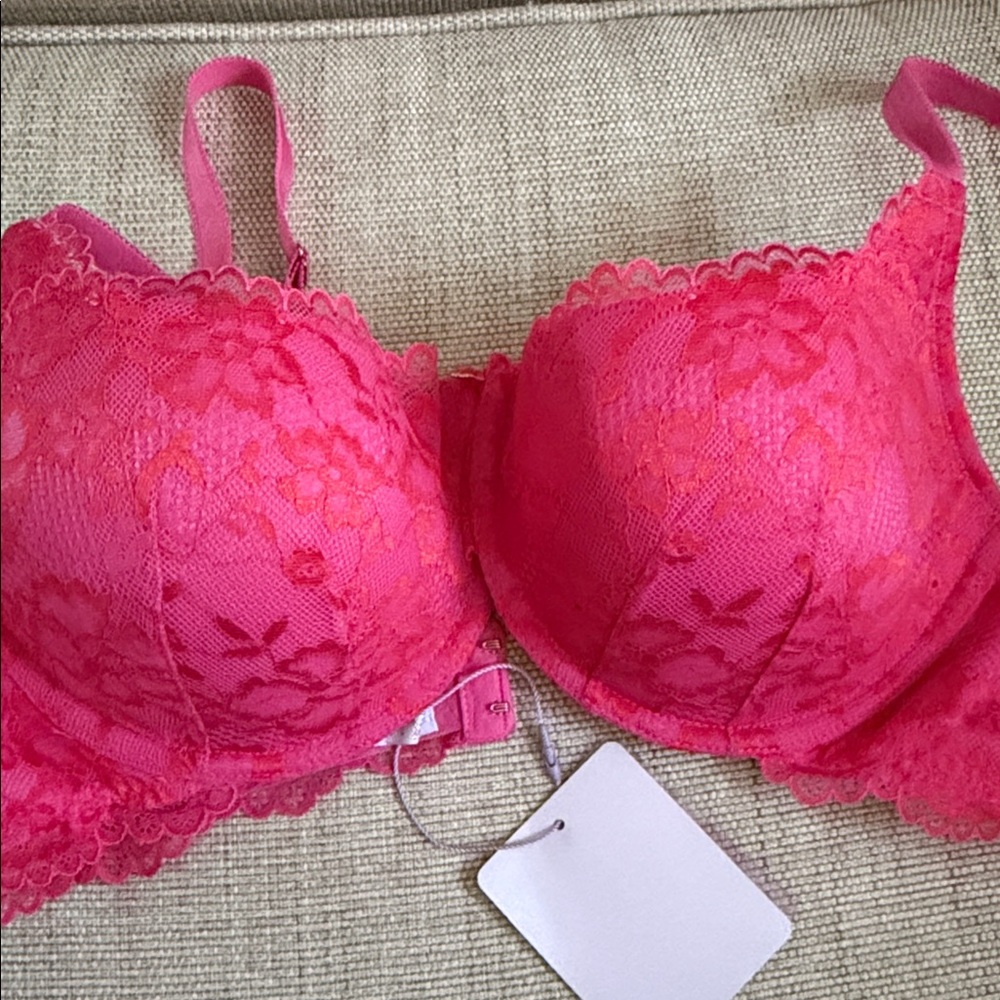 Savage X Fenty Pink and Red Lined Lace Demi Cup underwire Size 38C NWT